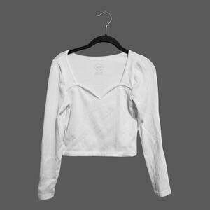 One Step Up White Long Sleeve Ribbed Square Neck Casual Chic Crop Top XL
